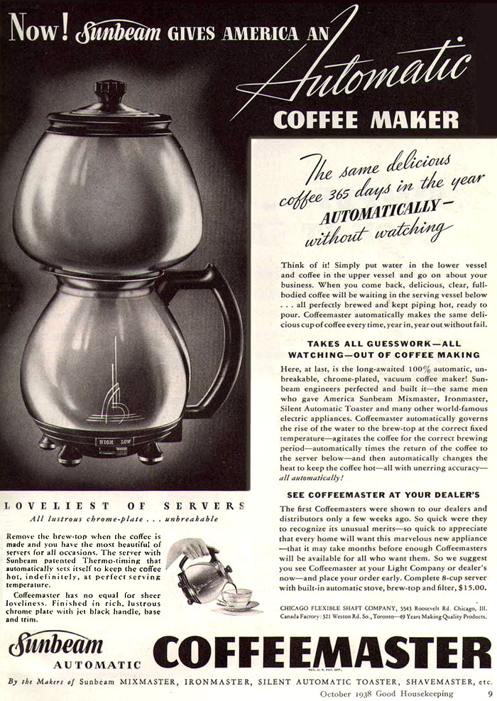Sunbeam COFFEEMASTER advertentie op de www.oldcoffeeroasters.com